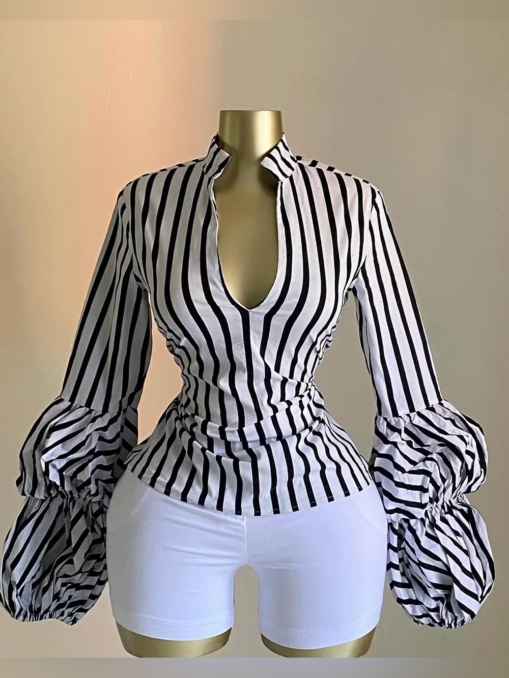 Greyson  Striped Black & White Peplum Blouse with Statement Sleeves